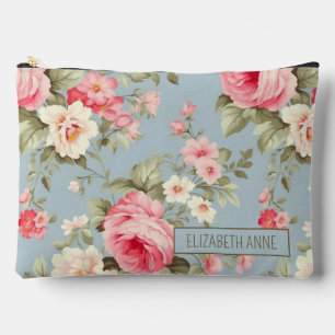 Pink and Blue Cottage Roses Flowers Personalised Accessory Pouch