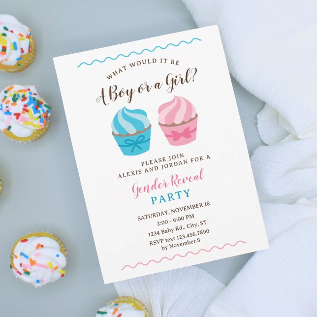 Pink and Blue Cupcakes Baby Gender Reveal Invitation (Creator Uploaded)