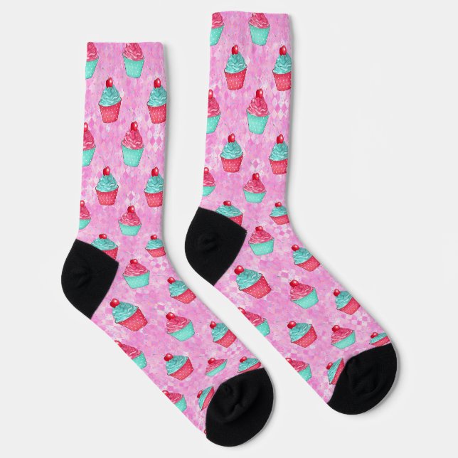 Pink and Blue Cupcakes On Pink Diamonds Socks (Right)