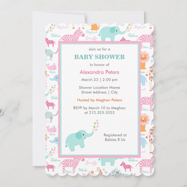 Pink and Blue Cute Animal Safari Baby Shower Invitation (Front)