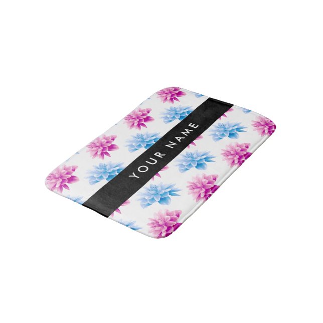 Pink and Blue Dahlia, Floral Pattern, Your Name Bath Mat (Angled)