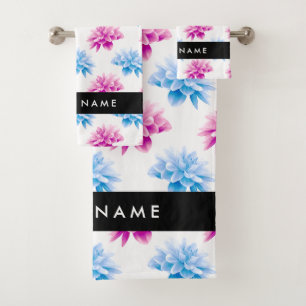 Pink and Blue Dahlia, Floral Pattern, Your Name Bath Towel Set