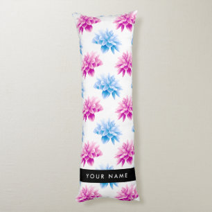 Pink and Blue Dahlia, Floral Pattern, Your Name Body Cushion