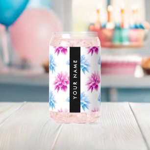 Pink and Blue Dahlia, Floral Pattern, Your Name Can Glass