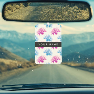 Pink and Blue Dahlia, Floral Pattern, Your Name Car Air Freshener