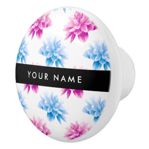 Pink and Blue Dahlia, Floral Pattern, Your Name Ceramic Knob