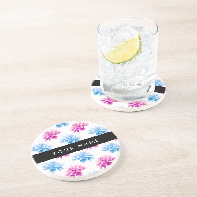 Pink and Blue Dahlia, Floral Pattern, Your Name Coaster (Side)