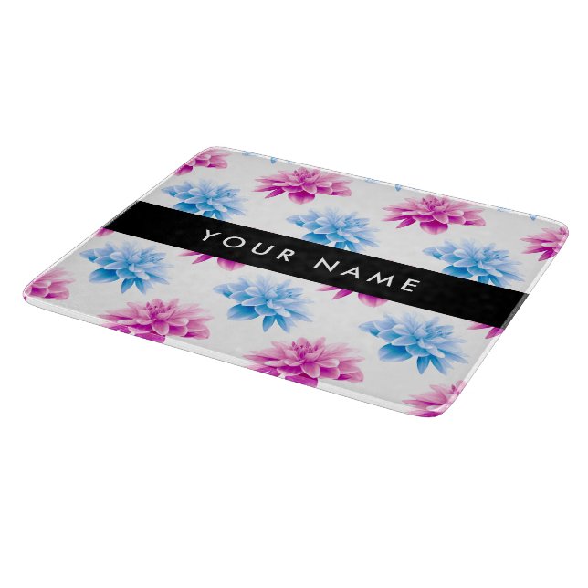 Pink and Blue Dahlia, Floral Pattern, Your Name Cutting Board (Corner)