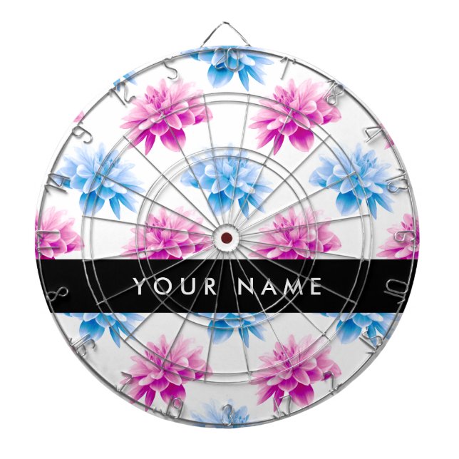 Pink and Blue Dahlia, Floral Pattern, Your Name Dartboard (Front)
