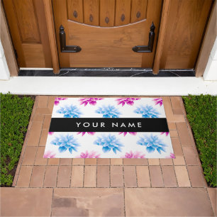 Pink and Blue Dahlia, Floral Pattern, Your Name Doormat