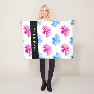 Pink and Blue Dahlia, Floral Pattern, Your Name Fleece Blanket