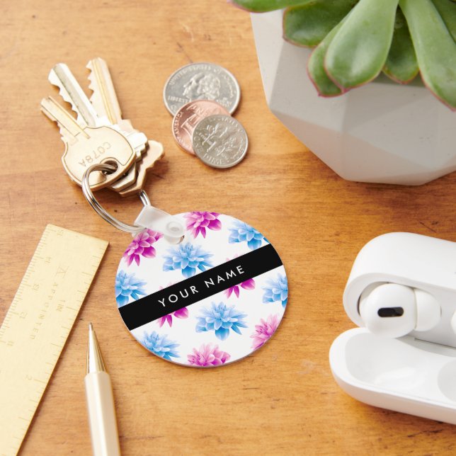 Pink and Blue Dahlia, Floral Pattern, Your Name Key Ring (Desk)