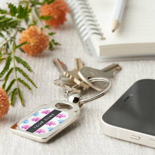 Pink and Blue Dahlia, Floral Pattern, Your Name Key Ring