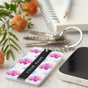 Pink and Blue Dahlia, Floral Pattern, Your Name Key Ring