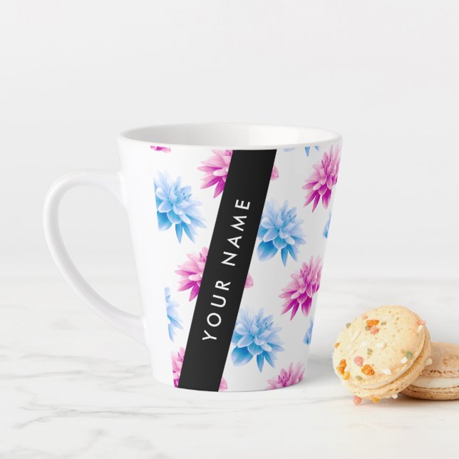 Pink and Blue Dahlia, Floral Pattern, Your Name Latte Mug (In Situ)