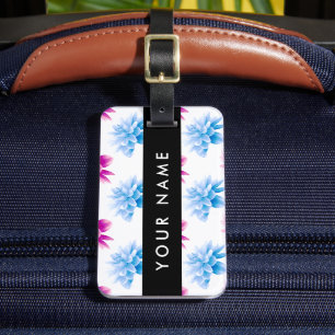 Pink and Blue Dahlia, Floral Pattern, Your Name Luggage Tag
