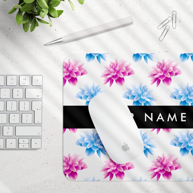 Pink and Blue Dahlia, Floral Pattern, Your Name Mouse Mat (Creator Uploaded)