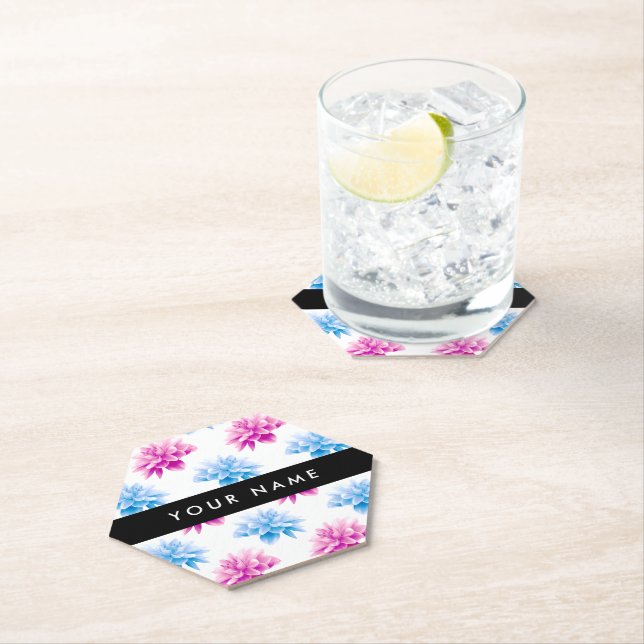 Pink and Blue Dahlia, Floral Pattern, Your Name Paper Coaster (Insitu)