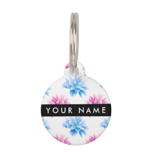 Pink and Blue Dahlia, Floral Pattern, Your Name Pet Tag