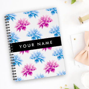 Pink and Blue Dahlia, Floral Pattern, Your Name Planner