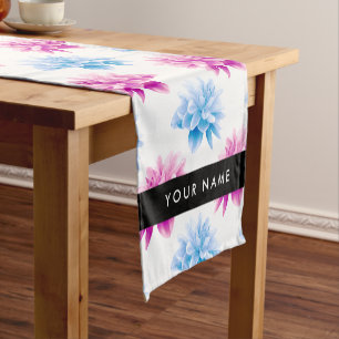 Pink and Blue Dahlia, Floral Pattern, Your Name Short Table Runner