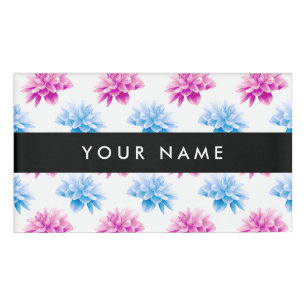 Pink and Blue Dahlia, Floral Pattern, Your Name Tag