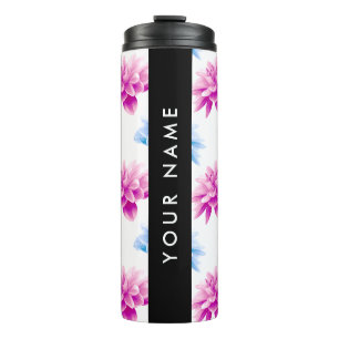 Pink and Blue Dahlia, Floral Pattern, Your Name Thermal Tumbler