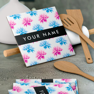 Pink and Blue Dahlia, Floral Pattern, Your Name Tile
