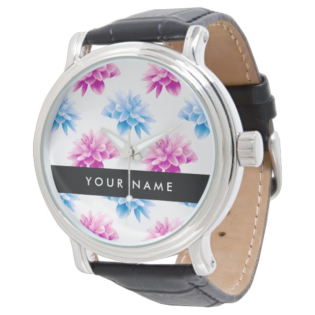 Pink and Blue Dahlia, Floral Pattern, Your Name Watch (Angled)