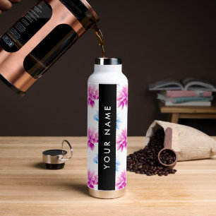 Pink and Blue Dahlia, Floral Pattern, Your Name Water Bottle