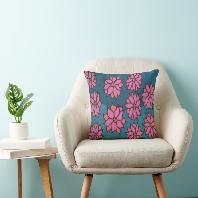 Pink and Blue Dahlia Pattern Throw Pillow (Chair)