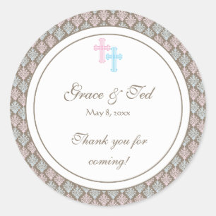 Pink and Blue Damask Cross Favour Sticker