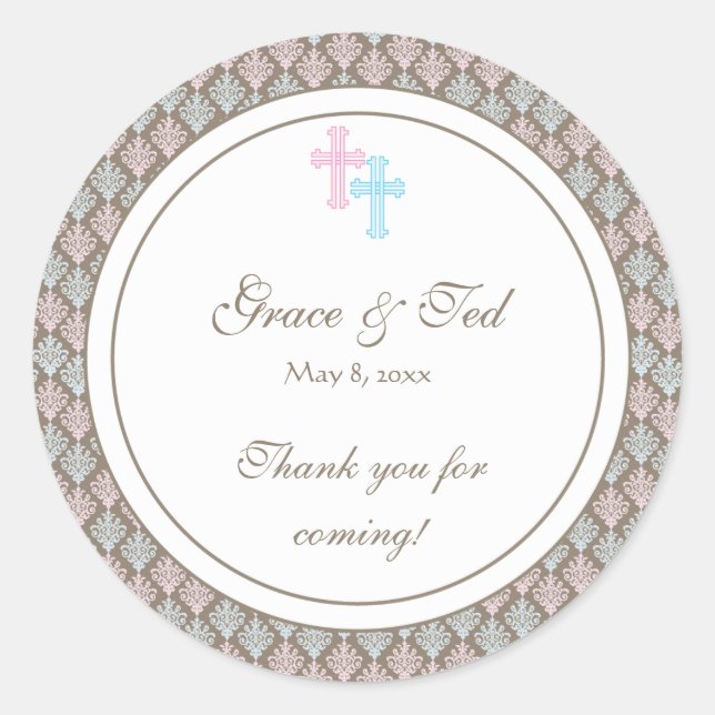 Pink and Blue Damask Cross Favour Sticker (Front)