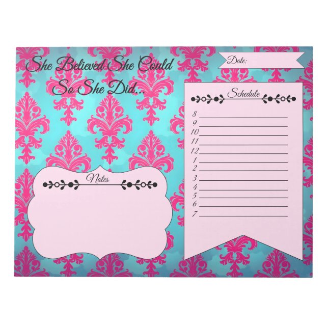 Pink and Blue Damask Notepad  (Front)