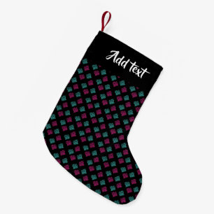 Pink and blue decorative print on black small christmas stocking