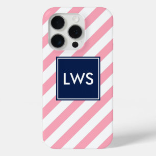 Pink and Blue Diagonal Stripes Monogram iPhone 15 Pro Case