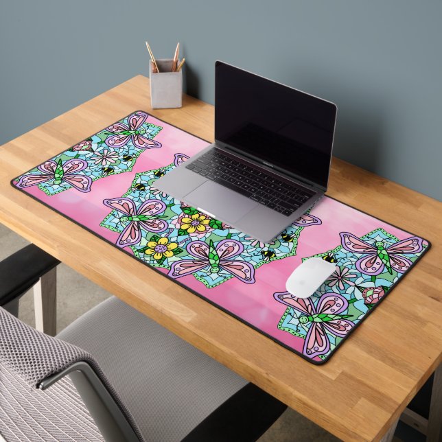 Pink and Blue Dragonflies and Flowers Mandala Desk Mat (Office 2)