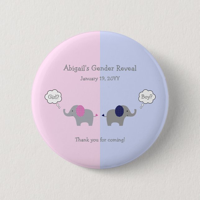 Pink and Blue Elephant Gender Reveal Baby Shower 6 Cm Round Badge (Front)