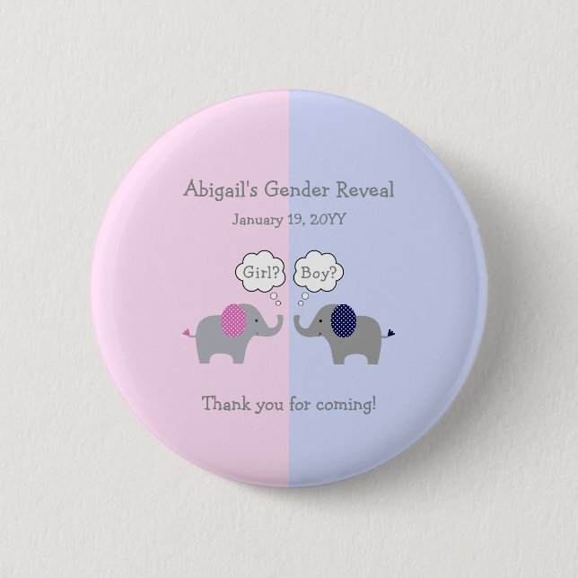 Pink and Blue Elephant Gender Reveal Baby Shower B 6 Cm Round Badge (Front)