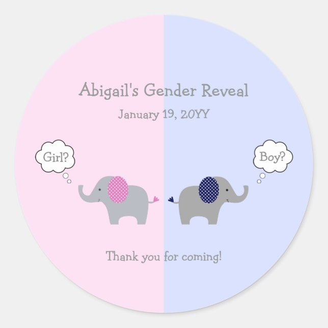 Pink and Blue Elephant Gender Reveal Baby Shower Classic Round Sticker (Front)