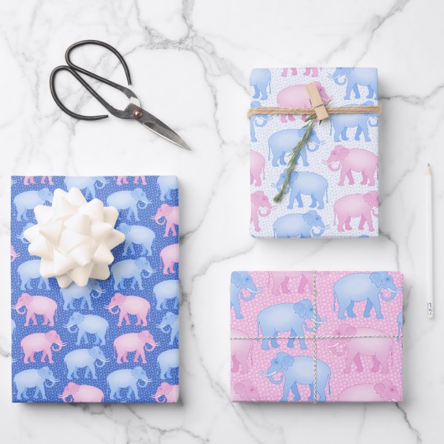 Pink and Blue Elephants Baby Birthday or Shower Wrapping Paper Sheet (Front)
