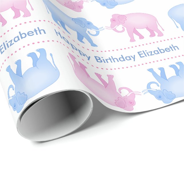 Pink and Blue Elephants Birthday or Gender Reveal Wrapping Paper (Roll Corner)