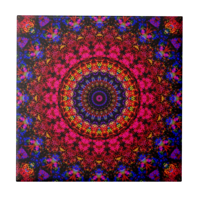 Pink and blue ethnic Damask mandala kaleidoscope  Tile (Front)