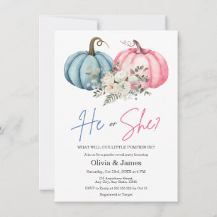 Pink and Blue Fall Pumpkin He or She Gender Reveal Invitation