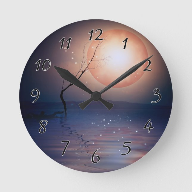 Pink and Blue Fantasy Sparkling Moon over water Round Clock (Front)