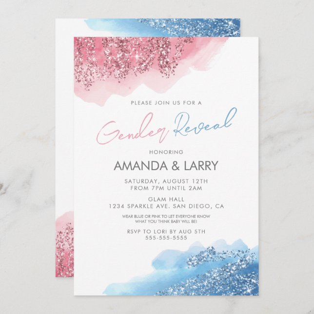 Pink and Blue Faux Glitter Gender Reveal Invitation (Front/Back)