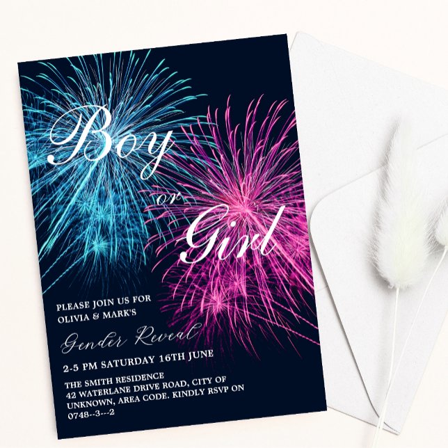 Pink and Blue Firework Firecracker Gender Reveal Invitation (Creator Uploaded)