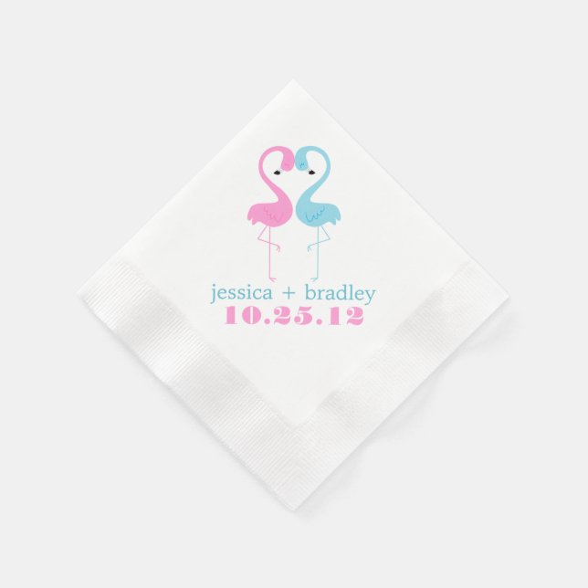 Pink and Blue Flamingos Beach Wedding Napkin (Corner)