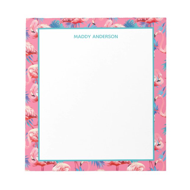 Pink And Blue Flamingos Tropical Pattern Monogram Notepad (Front)