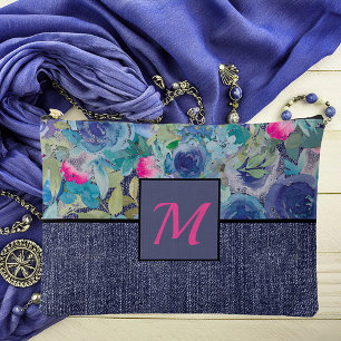 Pink and blue floral and denim monogram accessory pouch
